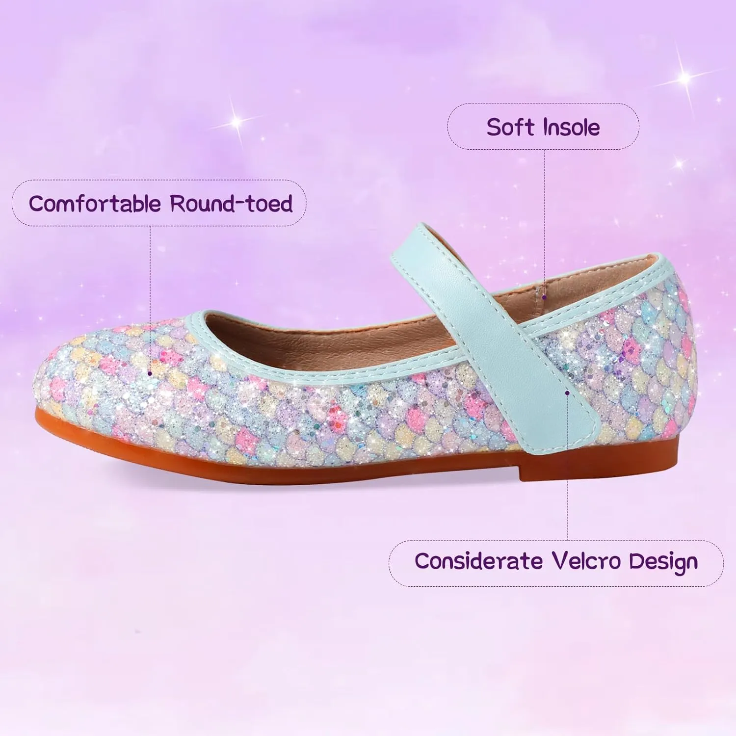 Toddler Girls Mermaid Dress Shoes Glitter Ballet Flats Non-Slip Soft Mary Jane Flower Girl Princess Shoes for School Party Wedding