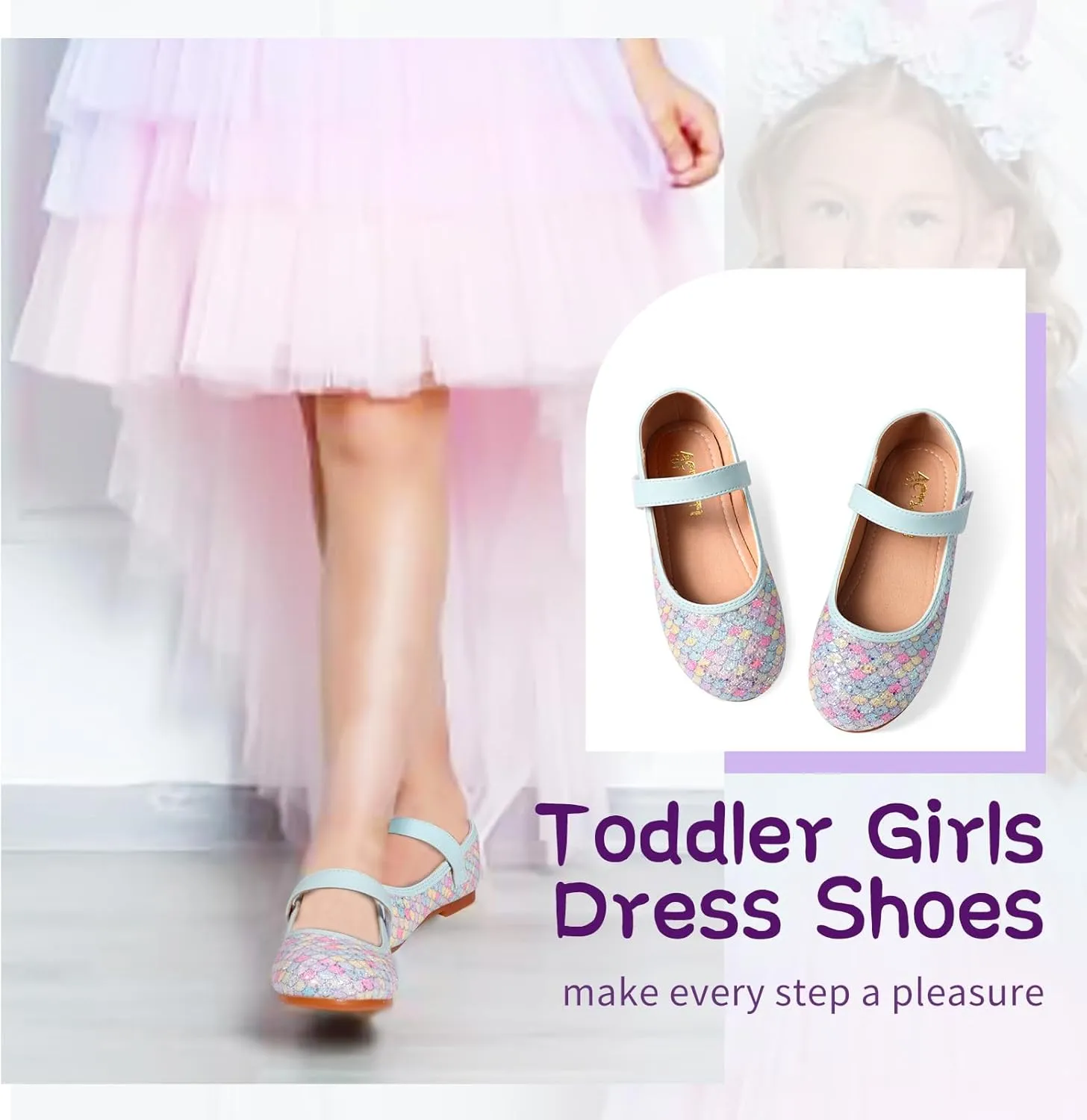 Toddler Girls Mermaid Dress Shoes Glitter Ballet Flats Non-Slip Soft Mary Jane Flower Girl Princess Shoes for School Party Wedding