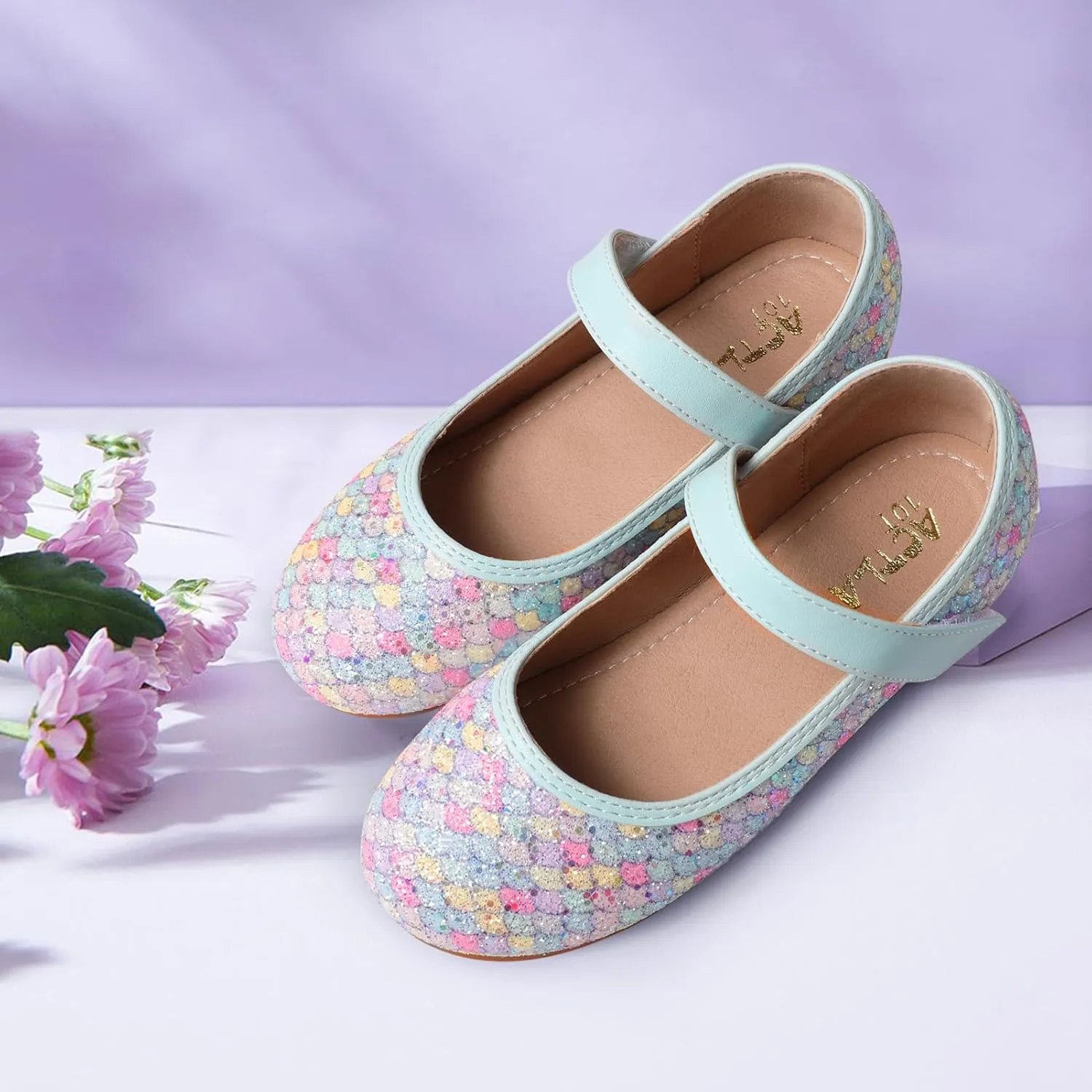 Toddler Girls Mermaid Dress Shoes Glitter Ballet Flats Non-Slip Soft Mary Jane Flower Girl Princess Shoes for School Party Wedding