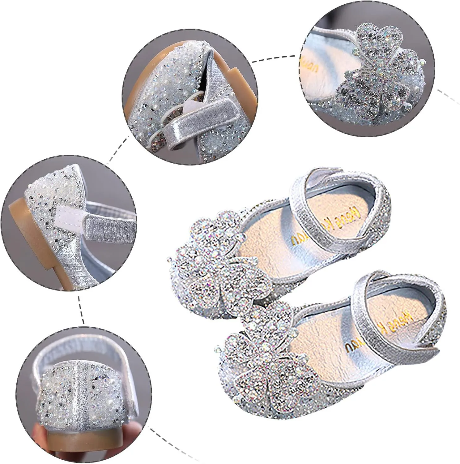 Toddler Glitter Flats Girl Dress Shoes Rhinstones Shining Mary Jane Ballet Sparkly Bow Wedding Party Shoes