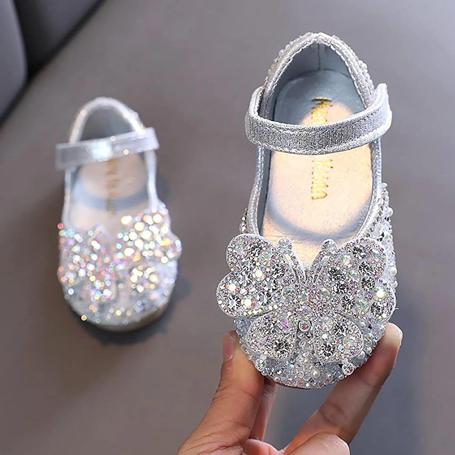 Toddler Glitter Flats Girl Dress Shoes Rhinstones Shining Mary Jane Ballet Sparkly Bow Wedding Party Shoes