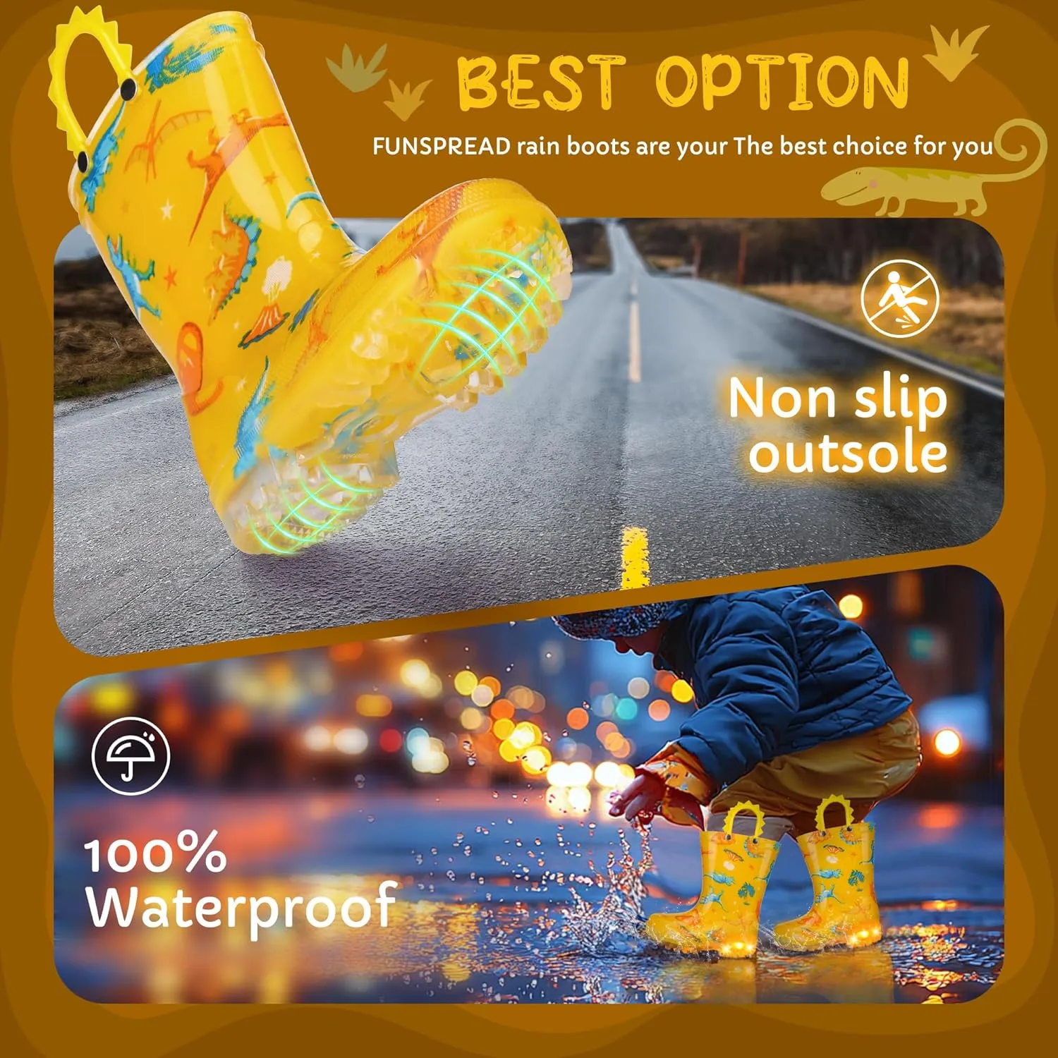Toddlers Kids Rain Boots - Light Up Rain Boots for Boys Waterproof Outdoor Shoes with Easy-On Handles