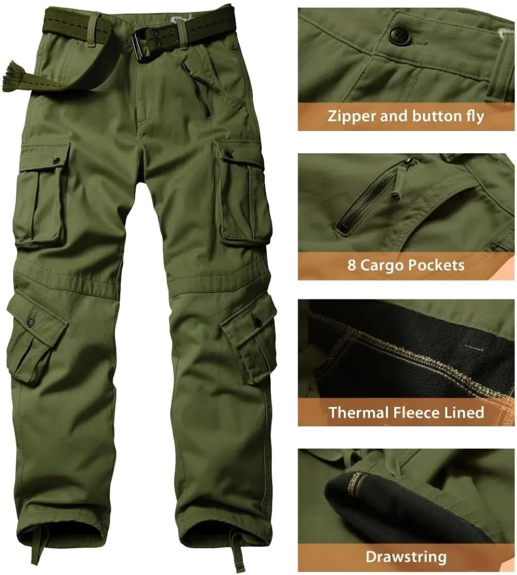 TRGPSG Men's Fleece Lined Hiking Pants Outdoor Windproof Outdoor Cargo Pants Casual Work Ski Pants with 8 Pockets