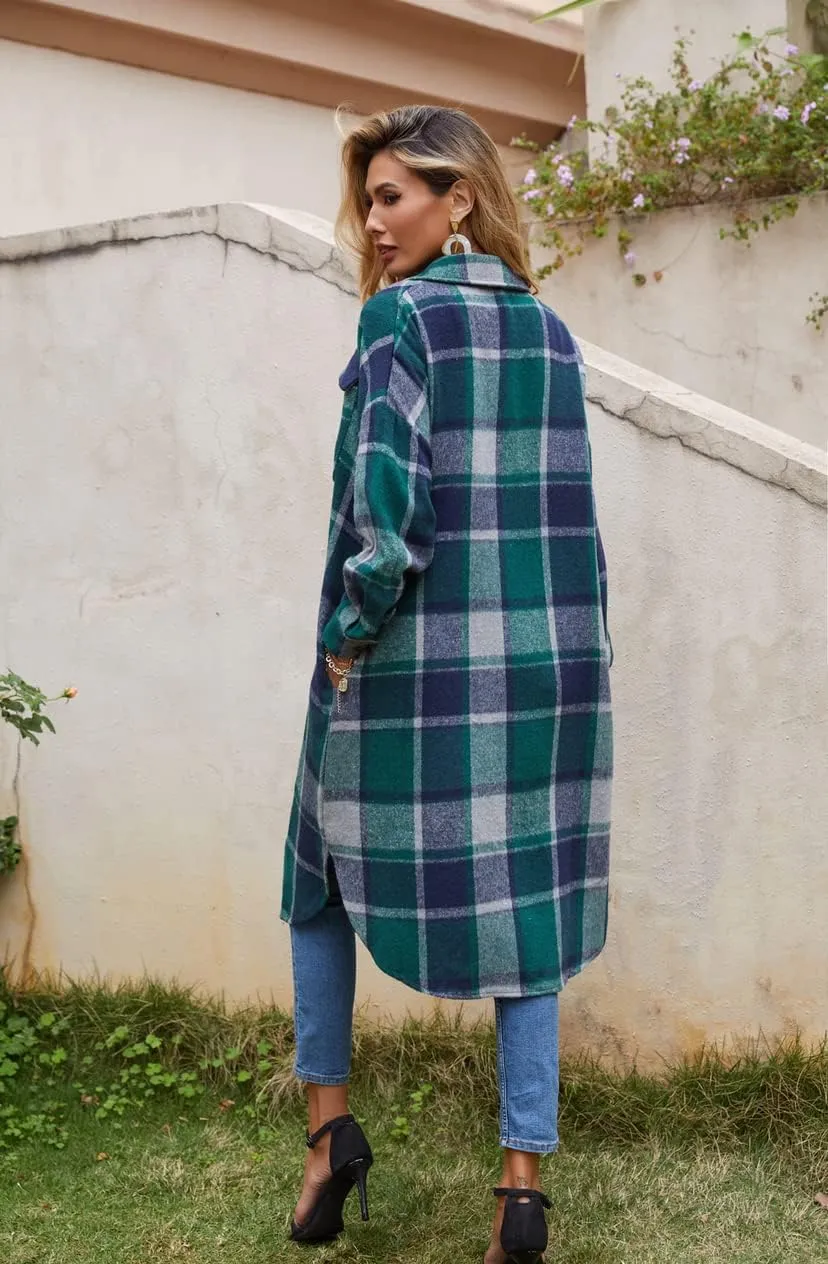 UANEO Plaid Coat Women Button Down Long Plaid Jacket Fall Flannel Trench Coat