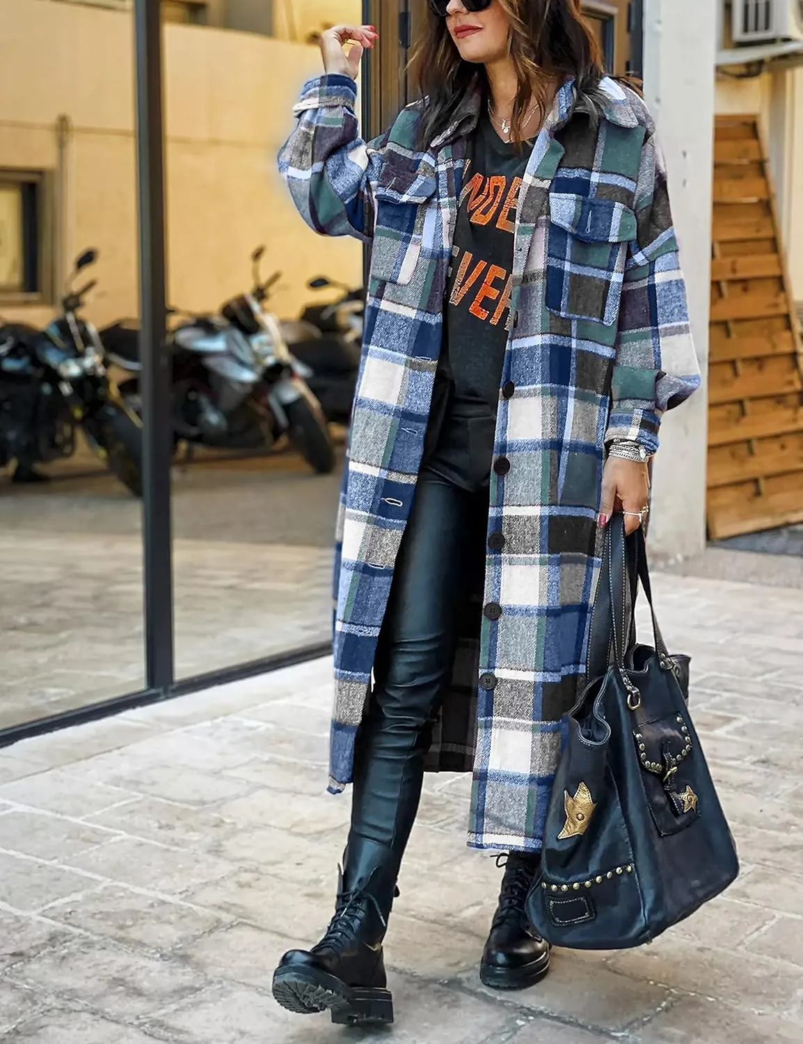 UANEO Plaid Coat Women Button Down Long Plaid Jacket Fall Flannel Trench Coat