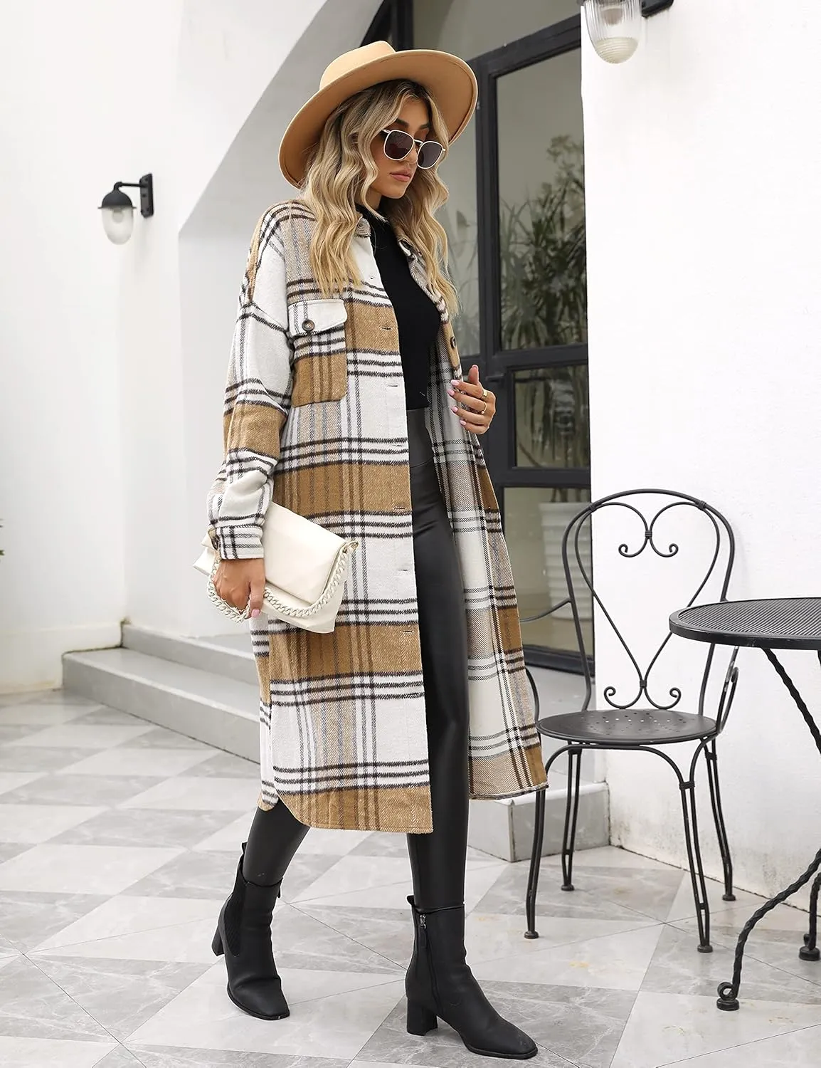 UANEO Plaid Coat Women Button Down Long Plaid Jacket Fall Flannel Trench Coat