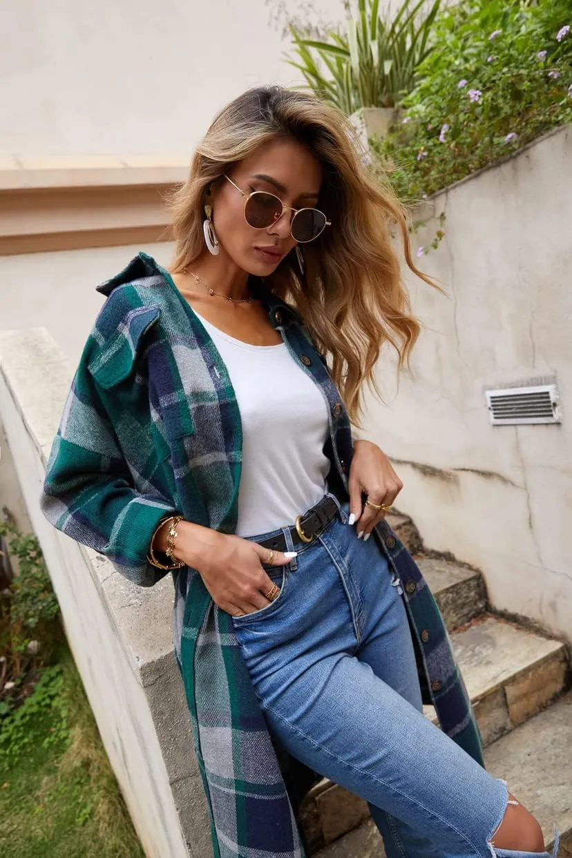 UANEO Plaid Coat Women Button Down Long Plaid Jacket Fall Flannel Trench Coat