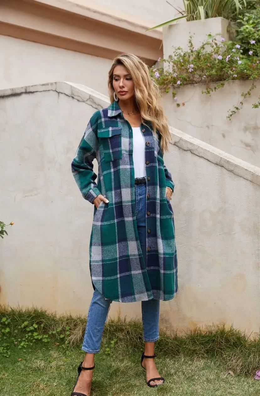 UANEO Plaid Coat Women Button Down Long Plaid Jacket Fall Flannel Trench Coat