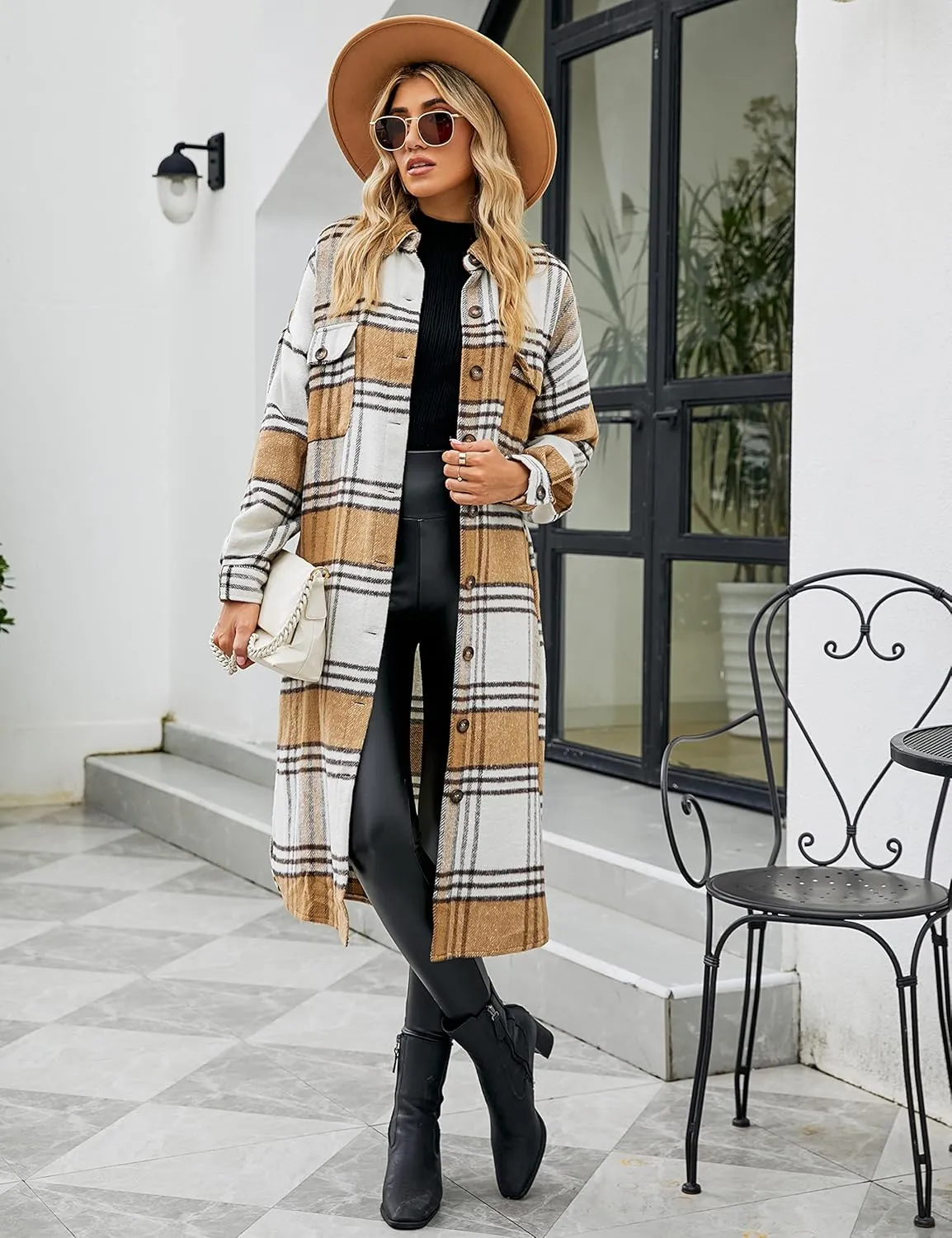 UANEO Plaid Coat Women Button Down Long Plaid Jacket Fall Flannel Trench Coat