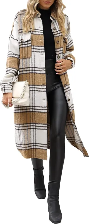 UANEO Plaid Coat Women Button Down Long Plaid Jacket Fall Flannel Trench Coat