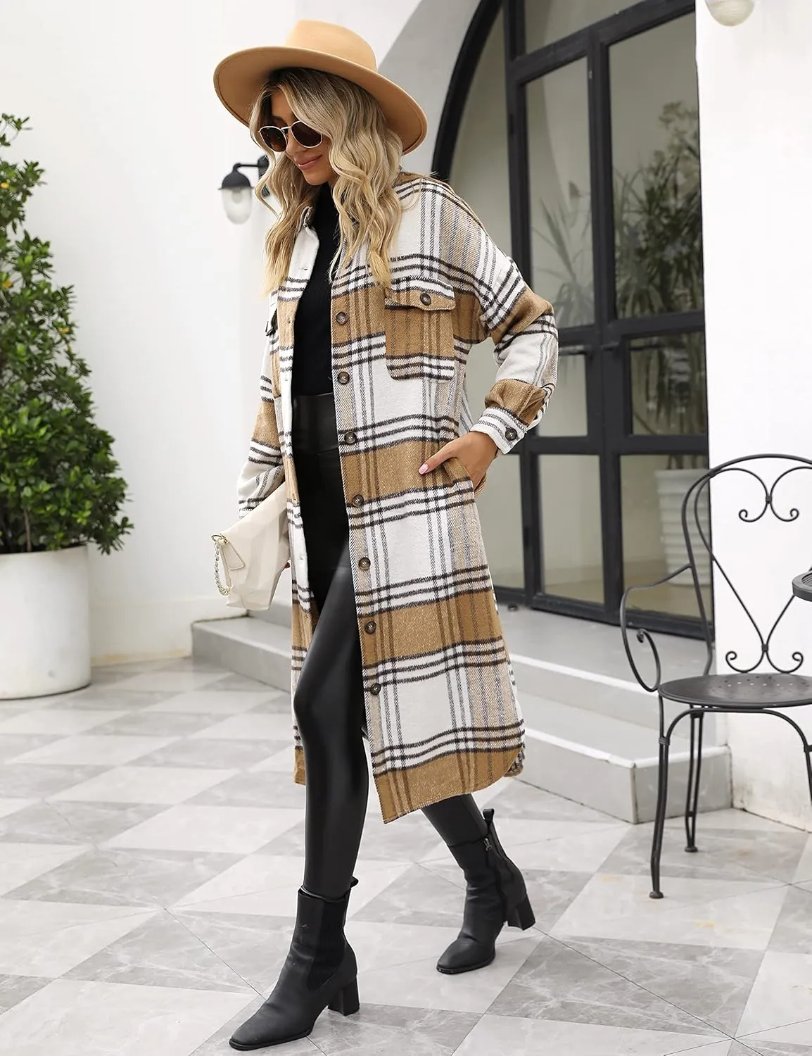 UANEO Plaid Coat Women Button Down Long Plaid Jacket Fall Flannel Trench Coat