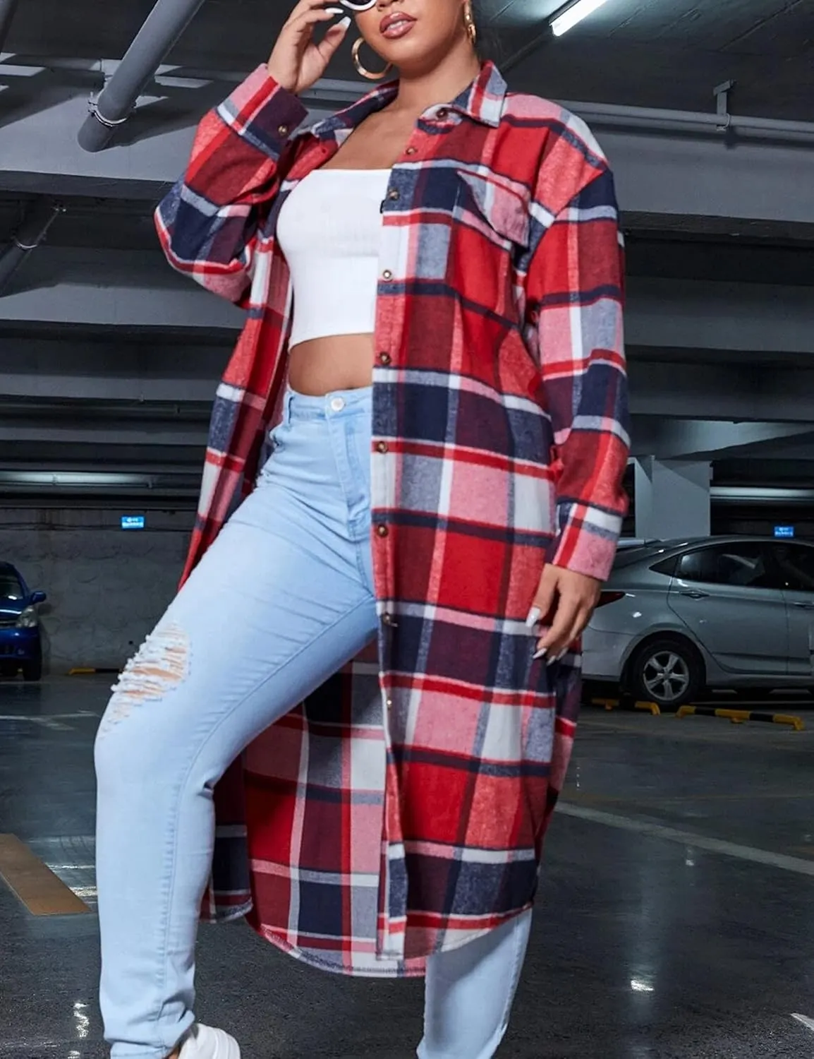 UANEO Plaid Coat Women Button Down Long Plaid Jacket Fall Flannel Trench Coat
