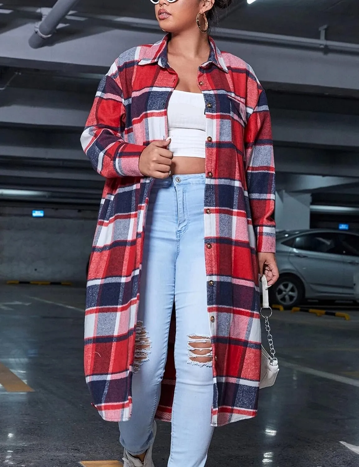 UANEO Plaid Coat Women Button Down Long Plaid Jacket Fall Flannel Trench Coat