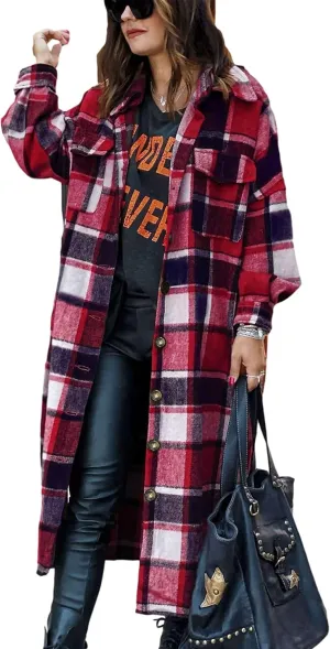 UANEO Plaid Coat Women Button Down Long Plaid Jacket Fall Flannel Trench Coat