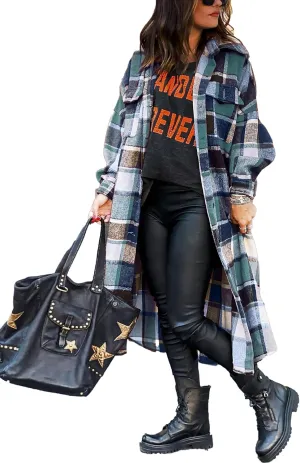 UANEO Plaid Coat Women Button Down Long Plaid Jacket Fall Flannel Trench Coat