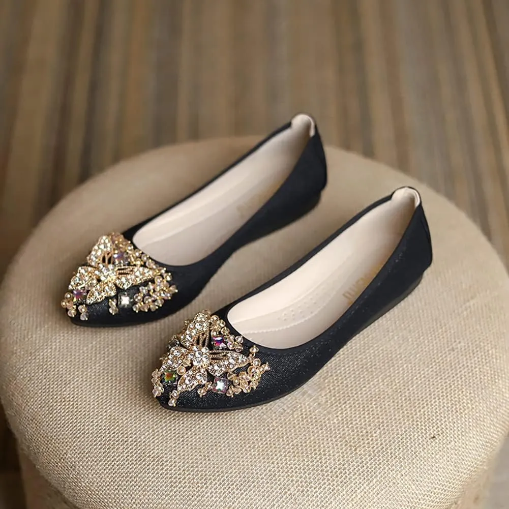 Unifizz Women's Ballet Flats Soft Pointed Toe Rhinestone Wedding Ballerina Shoes Foldable Sparkly Comfort Slip on Flat Shoes for Women