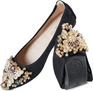 Unifizz Women's Ballet Flats Soft Pointed Toe Rhinestone Wedding Ballerina Shoes Foldable Sparkly Comfort Slip on Flat Shoes for Women