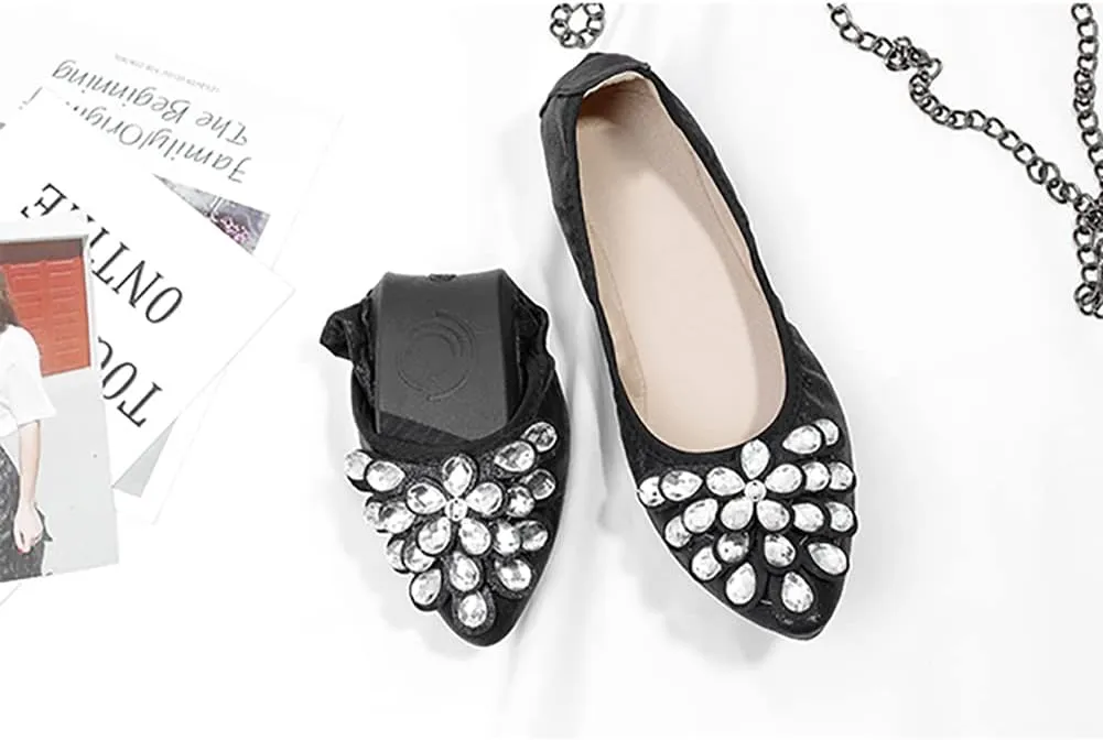 Unifizz Women's Ballet Flats Soft Pointed Toe Rhinestone Wedding Ballerina Shoes Foldable Sparkly Comfort Slip on Flat Shoes for Women