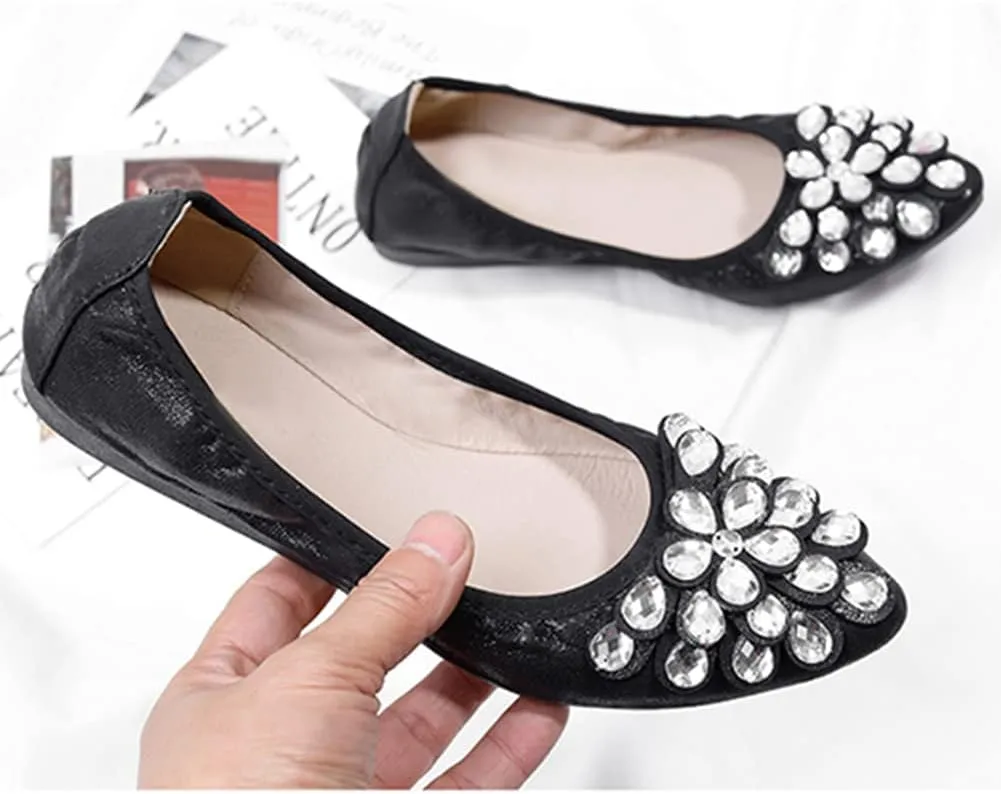 Unifizz Women's Ballet Flats Soft Pointed Toe Rhinestone Wedding Ballerina Shoes Foldable Sparkly Comfort Slip on Flat Shoes for Women
