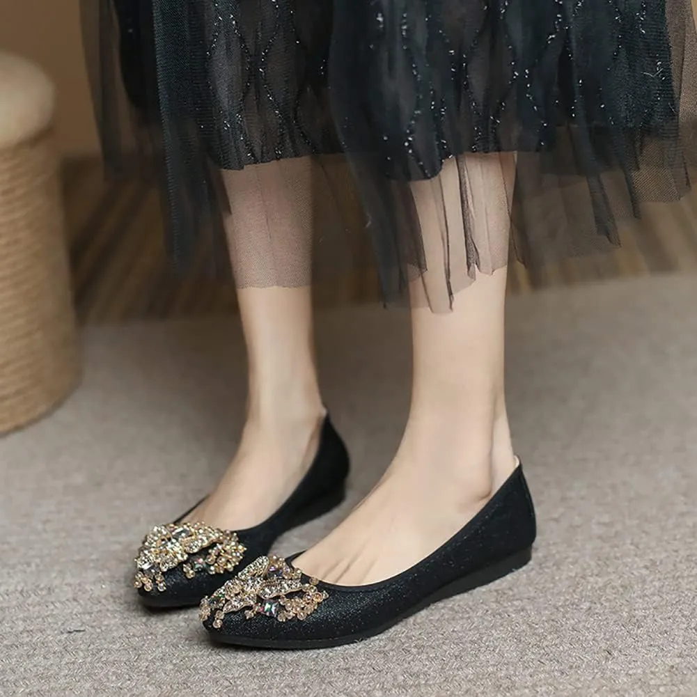 Unifizz Women's Ballet Flats Soft Pointed Toe Rhinestone Wedding Ballerina Shoes Foldable Sparkly Comfort Slip on Flat Shoes for Women