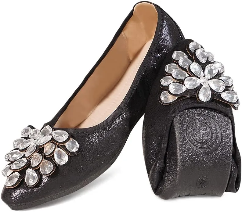 Unifizz Women's Ballet Flats Soft Pointed Toe Rhinestone Wedding Ballerina Shoes Foldable Sparkly Comfort Slip on Flat Shoes for Women