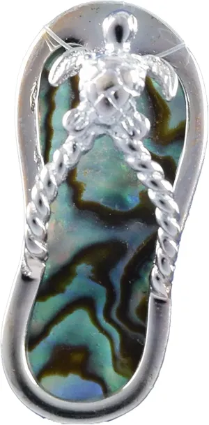 Unique Hawaiian Genuine Paua Shell Turtle Slipper Necklace, Sterling Silver Abalone MOP Sandal Pendant, N8845A