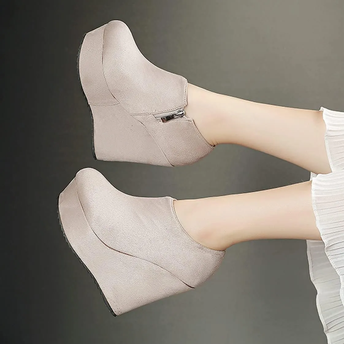 UniqueStride Women High Heel Wedge Short Ankle Boots Fashion Platform Zip up Faux Suede Ankle Booties