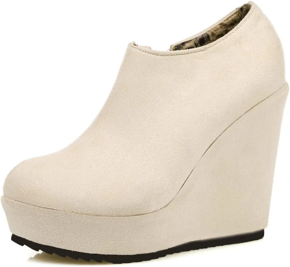UniqueStride Women High Heel Wedge Short Ankle Boots Fashion Platform Zip up Faux Suede Ankle Booties