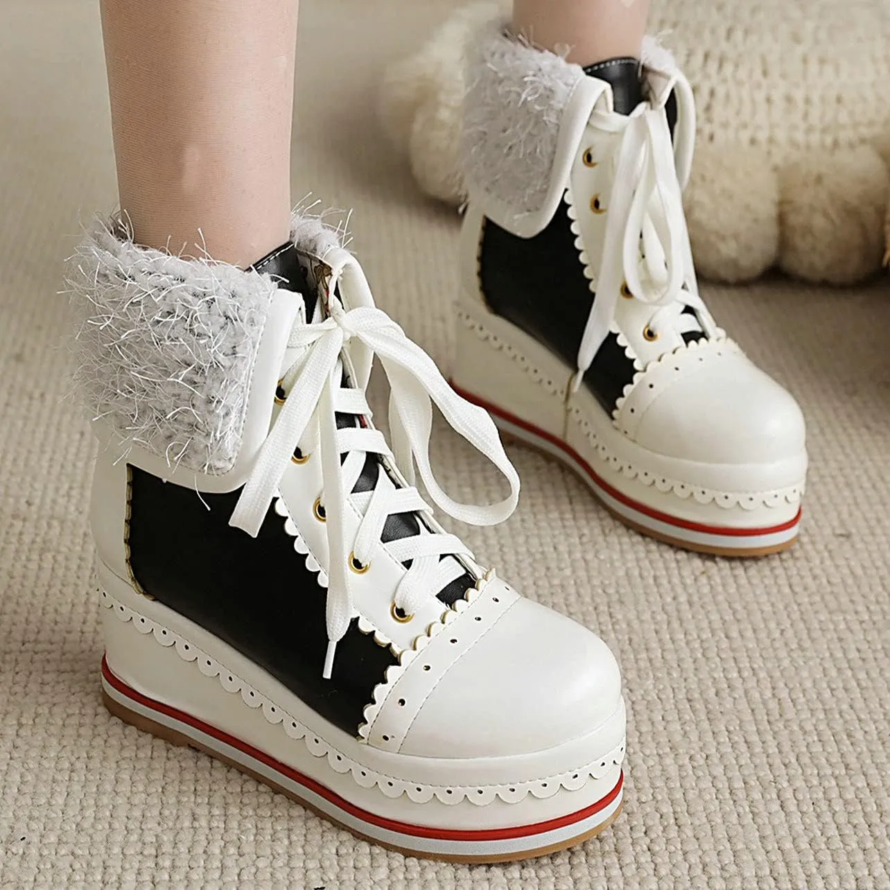 UniqueStride Womens Cute Kawaii Platform Wedge Ankle Boots Lace Up Brogue Lolita Booties