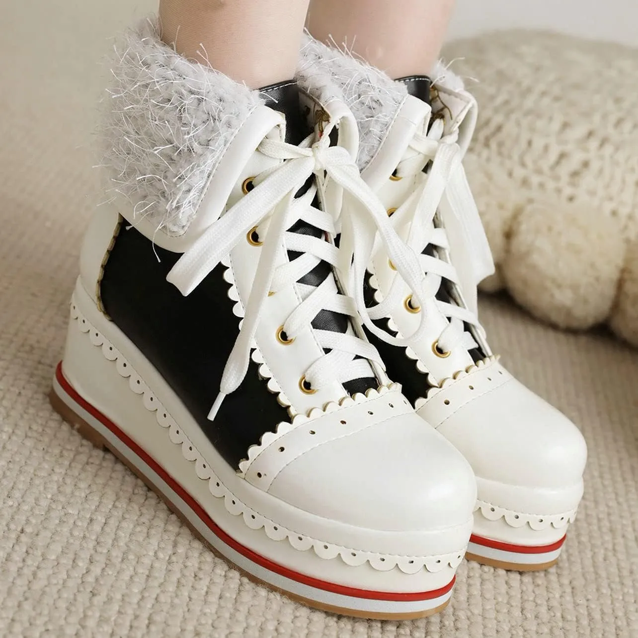 UniqueStride Womens Cute Kawaii Platform Wedge Ankle Boots Lace Up Brogue Lolita Booties