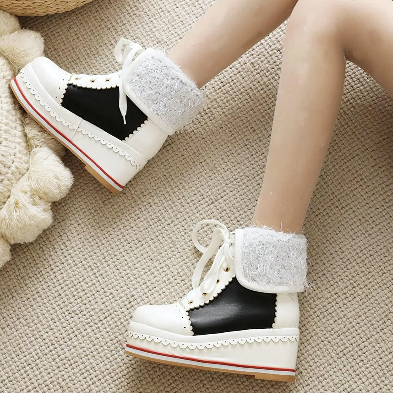 UniqueStride Womens Cute Kawaii Platform Wedge Ankle Boots Lace Up Brogue Lolita Booties