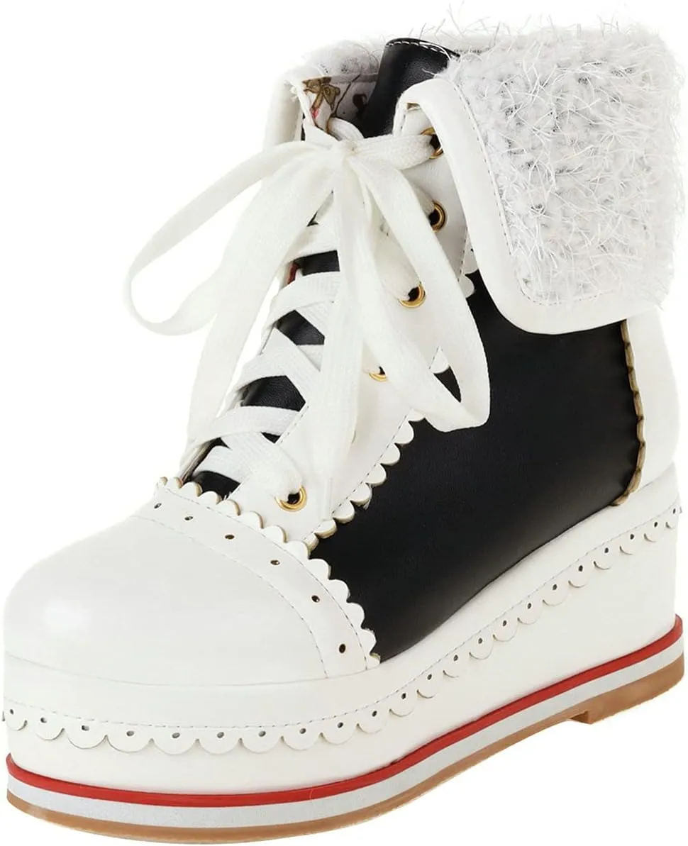 UniqueStride Womens Cute Kawaii Platform Wedge Ankle Boots Lace Up Brogue Lolita Booties