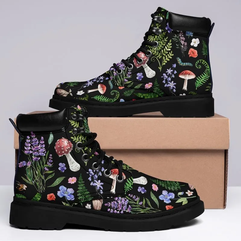 Unisex Mid-top Combat Boots for Men Women Lightweight Fashion Flower Ankle Boots Non-Slip Lace-Up Bootie for Girl