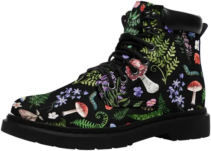 Unisex Mid-top Combat Boots for Men Women Lightweight Fashion Flower Ankle Boots Non-Slip Lace-Up Bootie for Girl