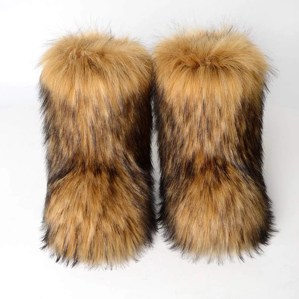 UOQAPRE Faux Fur Boots for Women Snow Boots Fuzzy Leg Warm Boots Furry Mid-Calf Boots Warm Comfortable Outdoor Flat Shoes