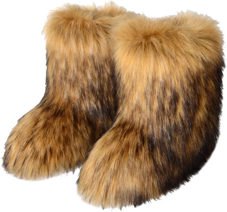 UOQAPRE Faux Fur Boots for Women Snow Boots Fuzzy Leg Warm Boots Furry Mid-Calf Boots Warm Comfortable Outdoor Flat Shoes