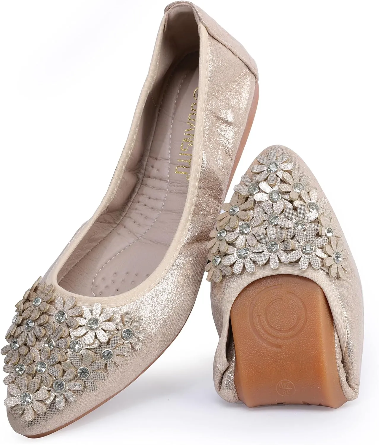 USANDY Women Ballet Flats Rhinestone Wedding Ballerina Shoes Foldable Sparkly Comfort Slip on Flat Shoes