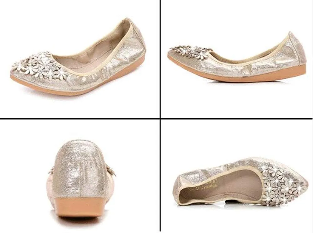 USANDY Women Ballet Flats Rhinestone Wedding Ballerina Shoes Foldable Sparkly Comfort Slip on Flat Shoes