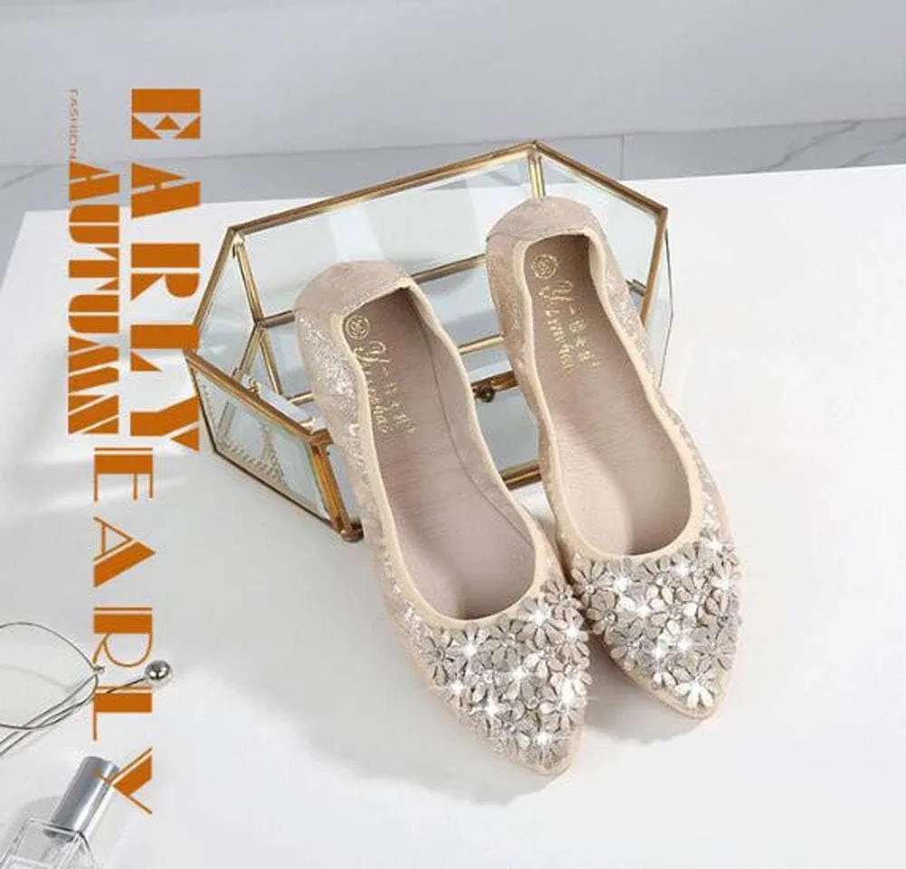 USANDY Women Ballet Flats Rhinestone Wedding Ballerina Shoes Foldable Sparkly Comfort Slip on Flat Shoes