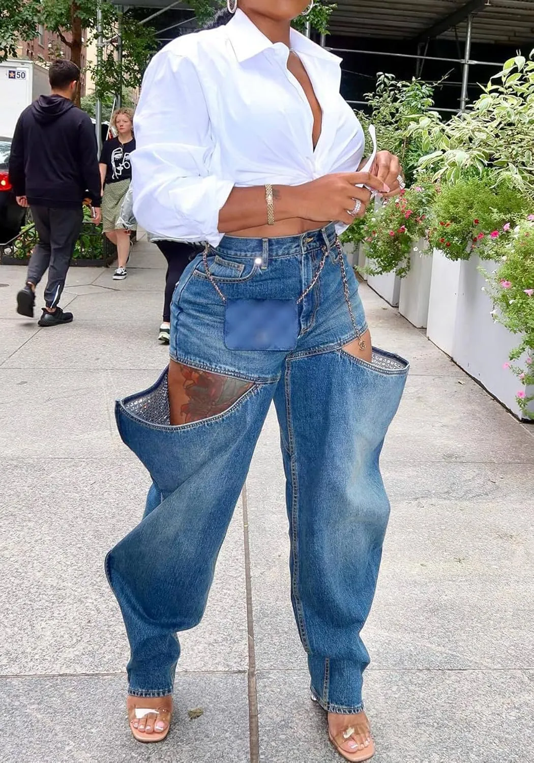 Vakkest Women's Baggy Denim Jeans Patchwwork Pants High Cutout Straight Wide Leg Stretchy Ripped Pants Y2K Streetwear