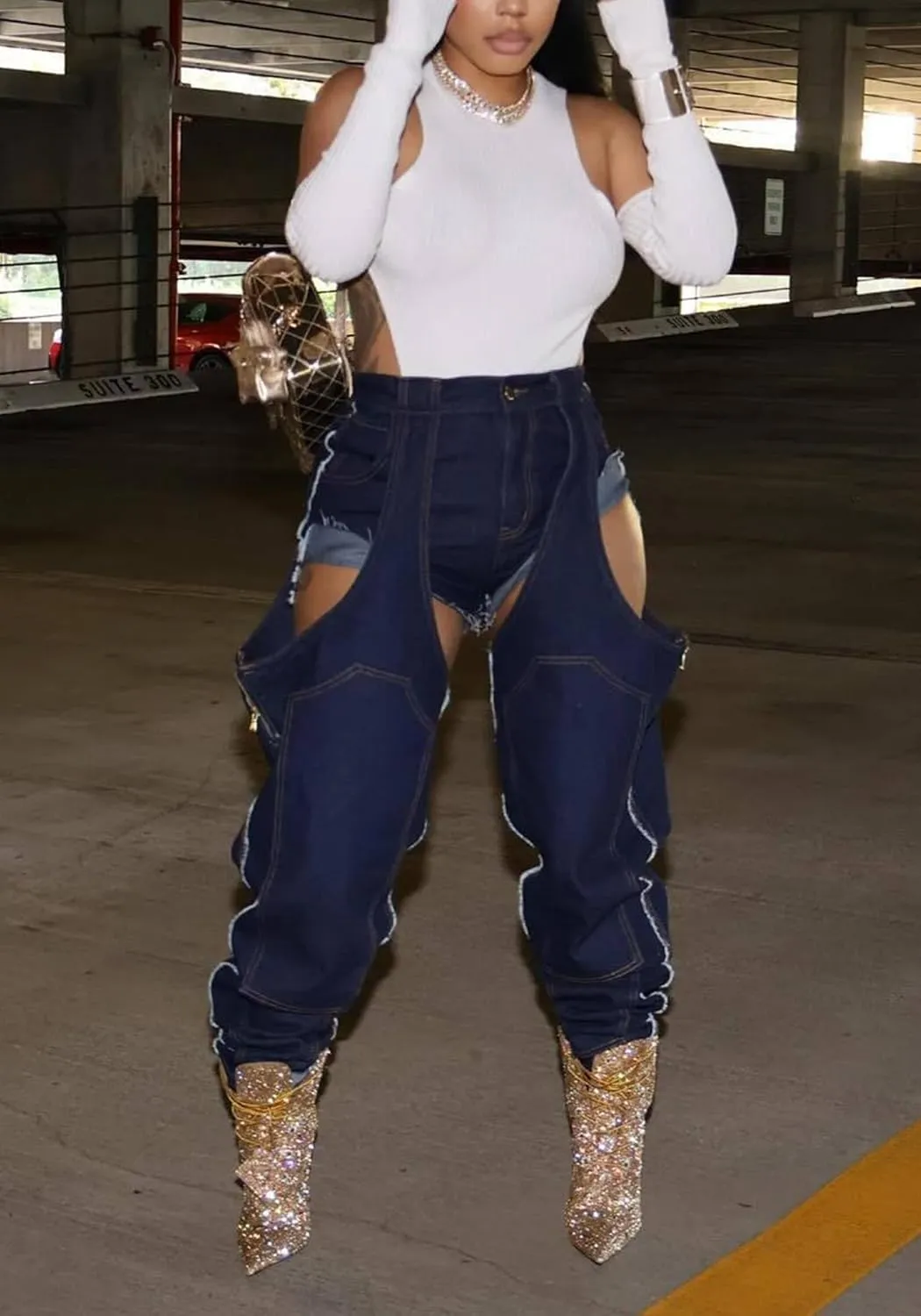 Vakkest Women's Baggy Denim Jeans Patchwwork Pants High Cutout Straight Wide Leg Stretchy Ripped Pants Y2K Streetwear