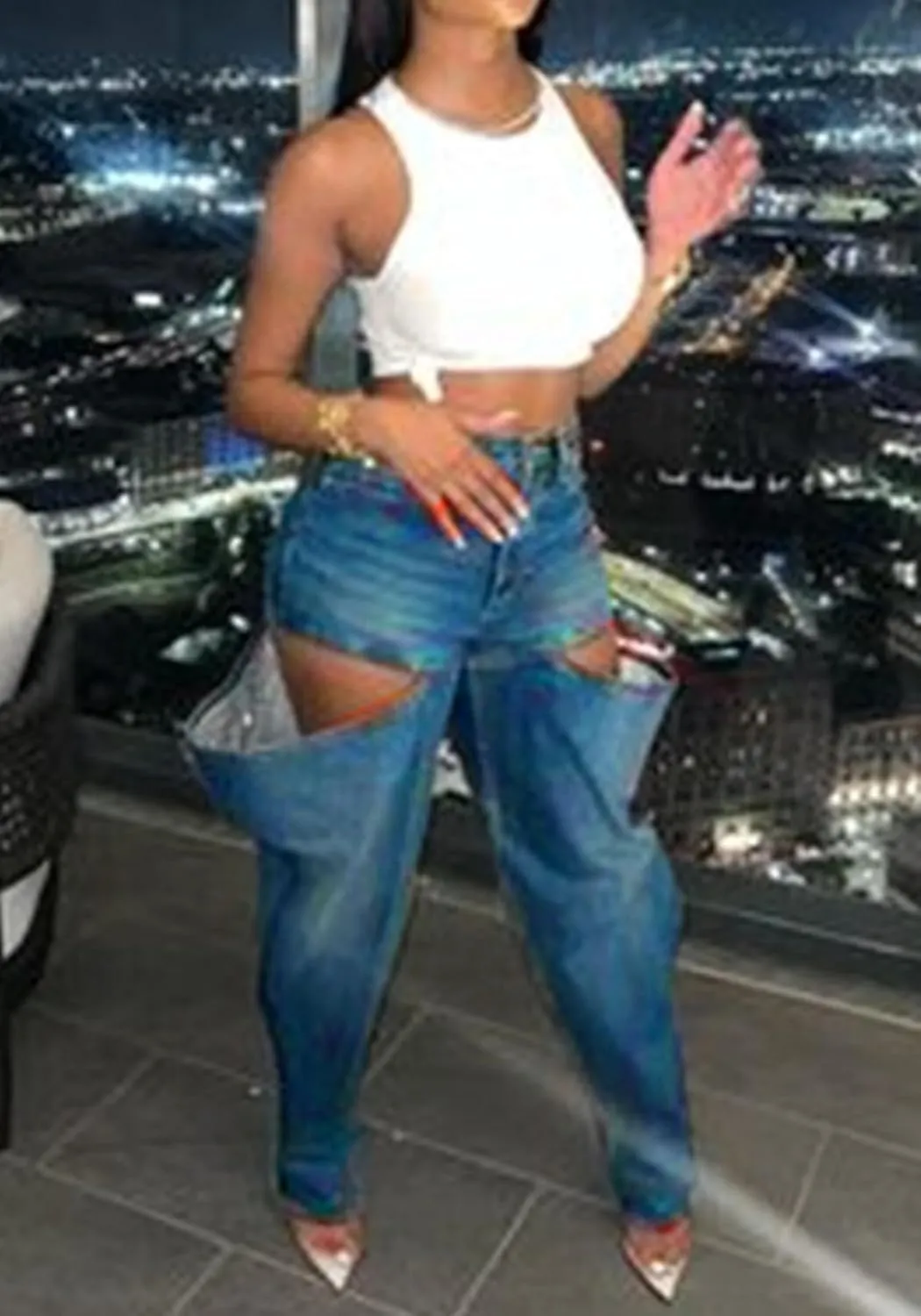 Vakkest Women's Baggy Denim Jeans Patchwwork Pants High Cutout Straight Wide Leg Stretchy Ripped Pants Y2K Streetwear