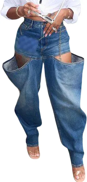 Vakkest Women's Baggy Denim Jeans Patchwwork Pants High Cutout Straight Wide Leg Stretchy Ripped Pants Y2K Streetwear