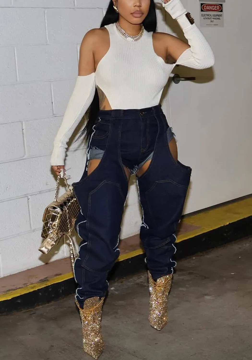 Vakkest Women's Baggy Denim Jeans Patchwwork Pants High Cutout Straight Wide Leg Stretchy Ripped Pants Y2K Streetwear