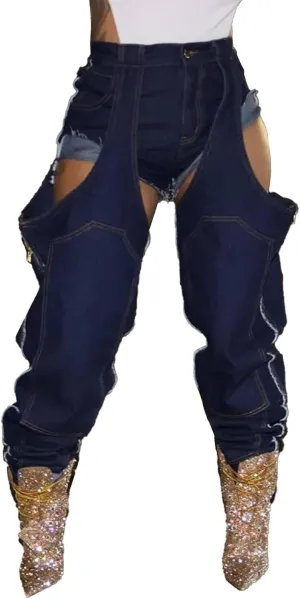 Vakkest Women's Baggy Denim Jeans Patchwwork Pants High Cutout Straight Wide Leg Stretchy Ripped Pants Y2K Streetwear