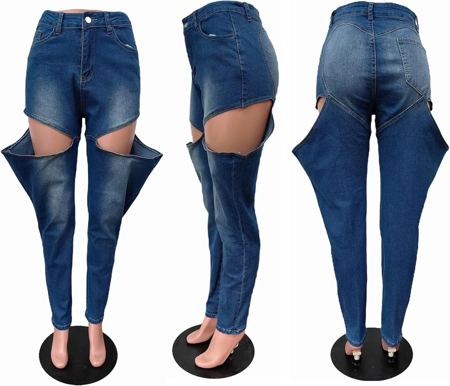 Vakkest Women's Baggy Denim Jeans Patchwwork Pants High Cutout Straight Wide Leg Stretchy Ripped Pants Y2K Streetwear