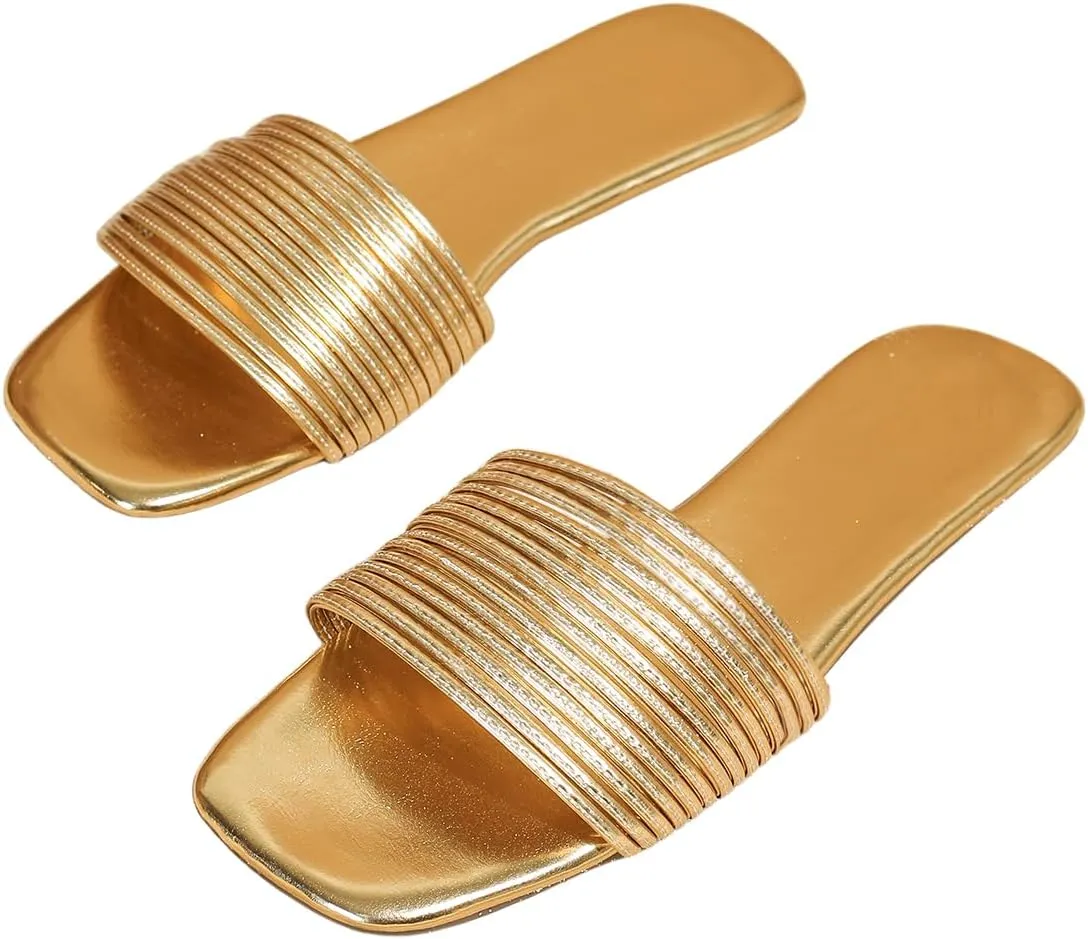 Verdusa Women's Square Toe Strappy Flat Sandals Slip On Metallic Sandal