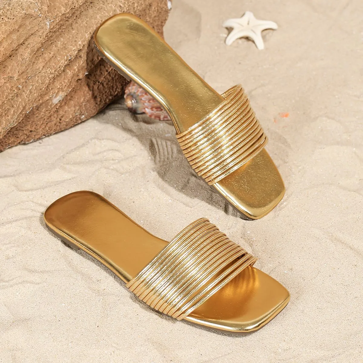 Verdusa Women's Square Toe Strappy Flat Sandals Slip On Metallic Sandal