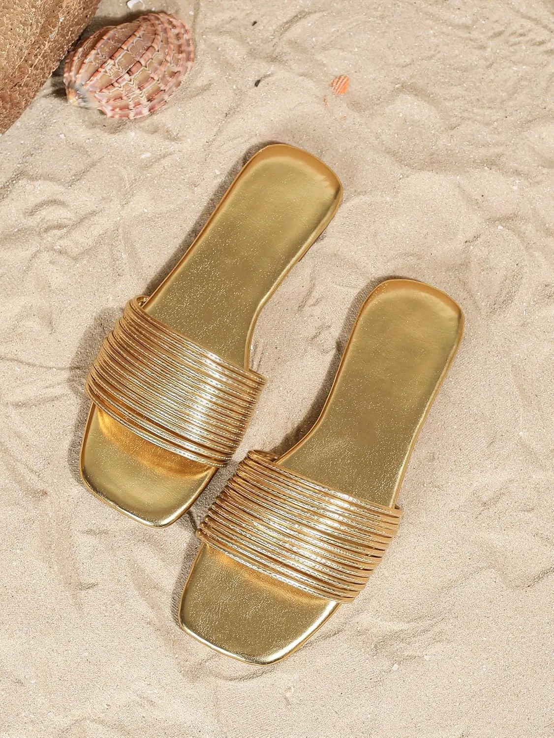 Verdusa Women's Square Toe Strappy Flat Sandals Slip On Metallic Sandal
