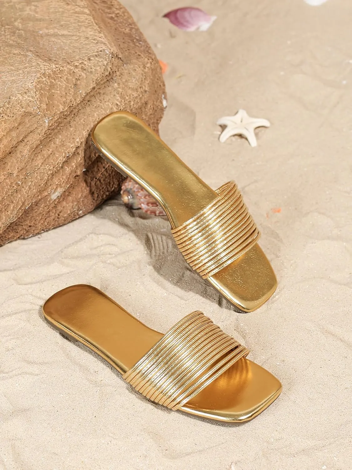Verdusa Women's Square Toe Strappy Flat Sandals Slip On Metallic Sandal